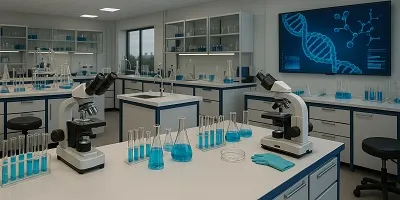 Biotechnology Industry Icon Modern biotechnology laboratory with microscopes, lab glassware filled with blue liquid, and a large screen displaying DNA sequences and molecular structures, representing biotech innovation.
