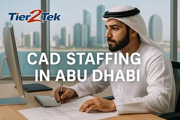 Emirati CAD technician working on architectural plans at a modern Abu Dhabi office with skyline view.
