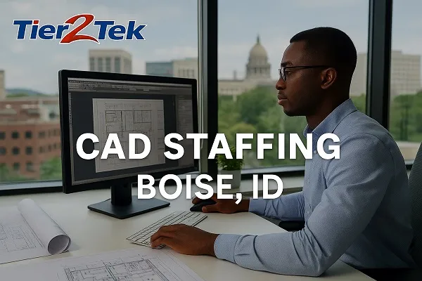 CAD professional working at a desk in Boise, ID with the city skyline in the background