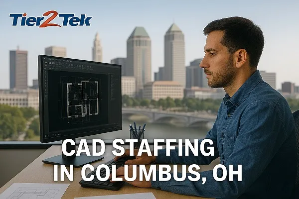 CAD drafter working at a desk with Columbus, OH skyline in the background