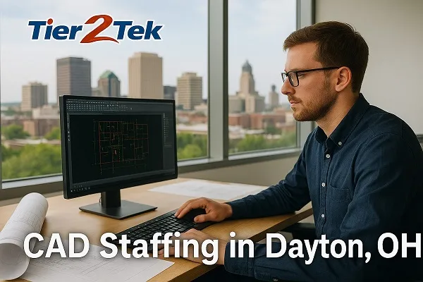 CAD technician working at office desk with Dayton skyline in background, representing Tier2Tek Staffing CAD services.