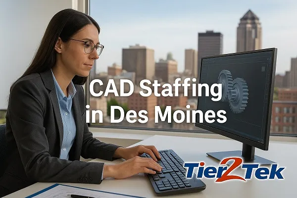 Professional CAD designer working in an office with the Des Moines skyline in the background, representing CAD staffing services by Tier2Tek Staffing.