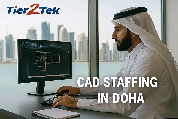 Qatari man working on CAD drafting at modern office in Doha with skyline view