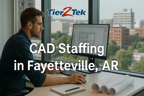 CAD professional working in a modern Fayetteville, AR office with city skyline in background