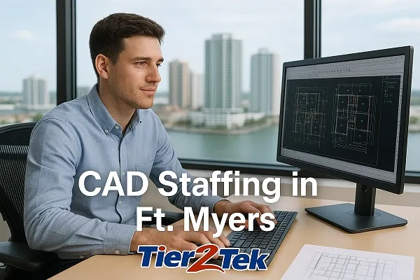 CAD drafter working in a modern Ft. Myers office with architectural plans on screen, provided by Tier2Tek Staffing