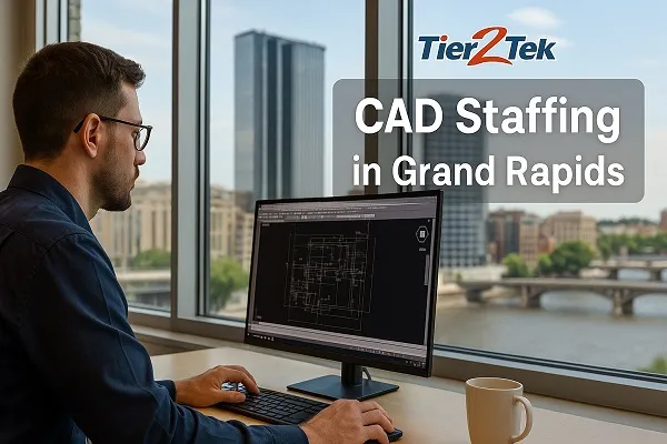 CAD staffing professional working at a desk in Grand Rapids with AutoCAD software open on screen
