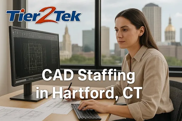 Female CAD drafter working at her desk in Hartford, CT with city skyline in the background.