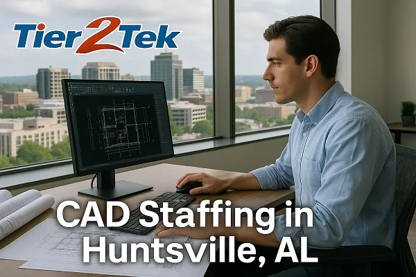 CAD professional working at a desk with city skyline in Huntsville, AL in the background