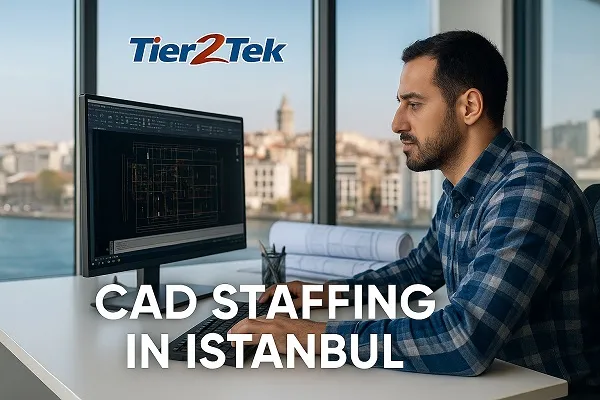 Turkish CAD technician working at a computer with AutoCAD open, overlooking the Istanbul skyline in a modern office, provided by Tier2Tek Staffing.