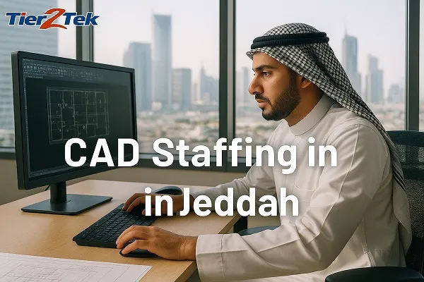 CAD drafter working on architectural plans at a desk with the Jeddah skyline in the background, featured by Tier2Tek Staffing.