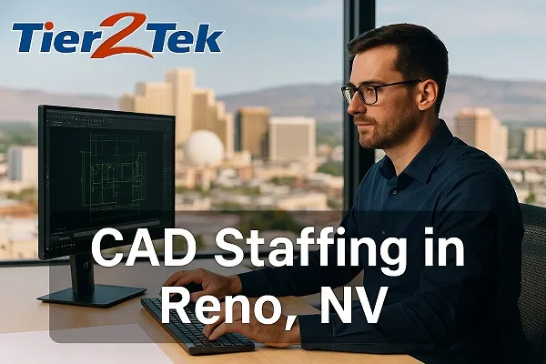 Professional CAD drafter working at a computer with Reno, NV skyline in the background.