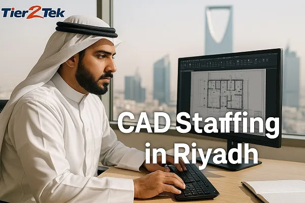 CAD professional working at a computer with Riyadh skyline in the background, highlighting CAD staffing services.