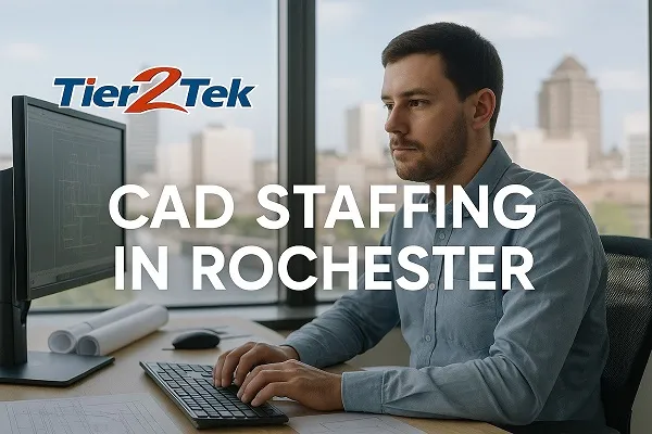 CAD drafter working in an office with the Rochester skyline in the background, representing Tier2Tek Staffing’s CAD hiring services.