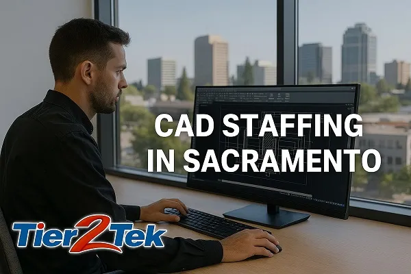 CAD professional working in Sacramento office with city skyline, representing Tier2Tek Staffing’s CAD staffing services.