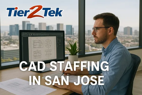 CAD drafter working at a desk in a San Jose office with skyline in the background