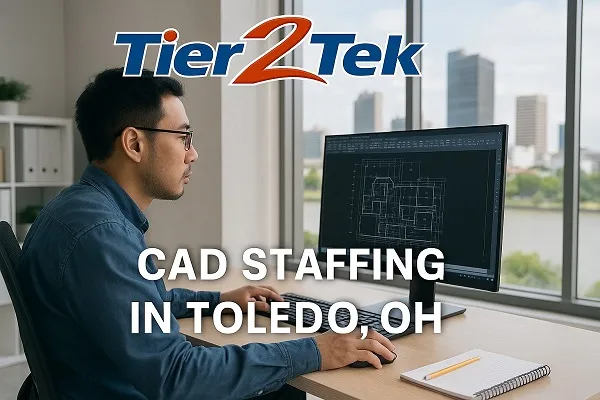 CAD drafter working at a computer in an office in Toledo, OH with city skyline visible