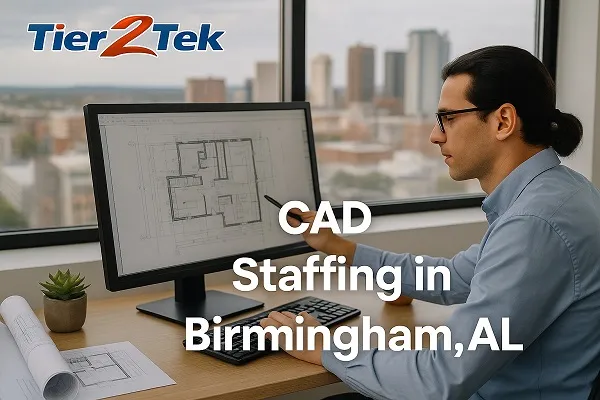 CAD drafter working in an office with Birmingham skyline in the background, representing CAD staffing services by Tier2Tek Staffing.