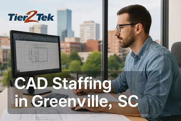 CAD drafter working at desk with Greenville skyline behind him, provided by Tier2Tek Staffing