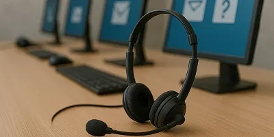 Call Centers & Customer Support Industry Icon Close-up of a black call center headset with microphone on a desk, with multiple monitors and headsets in a blurred background.