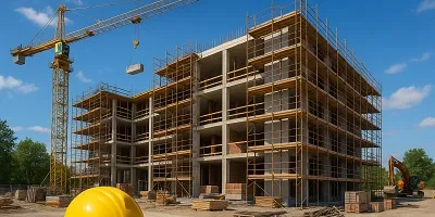 Construction & Engineering Industry Icon Active construction site with a multi-story building under development, surrounded by orange scaffolding, a large yellow crane lifting materials, and a yellow hard hat with a wrench in the foreground, illustrating Tier2Tek Staffing's focus on Construction & Engineering industries.