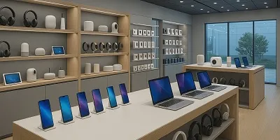 Consumer Electronics Industry Icon 2 Tier2Tek Staffing visual of a sleek consumer electronics showroom with organized displays of smartphones, laptops, headphones, and smart home devices in a modern retail setting.