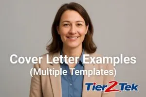 Professional woman smiling in business attire representing Cover Letter Examples for multiple industries with Tier2Tek logo.