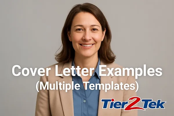 Professional woman smiling in business attire representing Cover Letter Examples for multiple industries with Tier2Tek logo.
