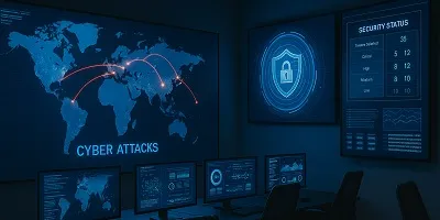 Cybersecurity Firms Industry Icon Tier2Tek Staffing visual of a cybersecurity operations center with large threat maps, digital dashboards, and monitoring stations displaying network analytics and cyber defense data.
