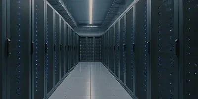 Data Centers & Cloud Services Industry Icon Tier2Tek Staffing represents Data Centers & Cloud Services with a professional view of server racks aligned in a modern data center, illuminated by blue LED indicators.