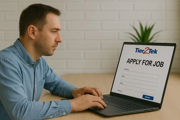 Professional man applying for a direct hire job through Tier2Tek Staffing’s website.