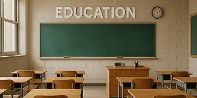 Education Industry Icon Tier2Tek Staffing - Image of a bright, empty classroom with a green chalkboard, wooden desks, and teacher’s desk, representing the education sector.
