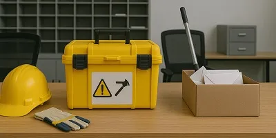 Facilities Management Industry Icon Office mailroom scene with a desk, ergonomic chairs, mail sorter, yellow hard hat, toolbox, gloves, and a box of envelopes.