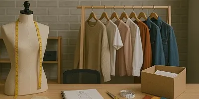 Fashion & Apparel Industry Icon Fashion design studio with a dress form, measuring tape, fabric swatches, dress sketches, scissors, and a clothing rack with garments on hangers.