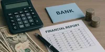 Financial Services & Banking Industry Icon "Financial services visual for Tier2Tek Staffing, displaying banknotes, a calculator, coins, and financial documents on a wooden desk.