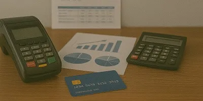 Fintech (Financial Technology) Industry Icon Tier2Tek Staffing represents Fintech with a professional setup featuring a POS terminal, credit card, calculator, and financial charts on a wooden desk.