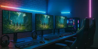 Gaming & eSports Industry Icon Tier2Tek Staffing visual of a professional gaming workspace with RGB-lit PCs, ultrawide monitors showing gameplay, mechanical keyboards, and ergonomic chairs, representing gaming and eSports environments.