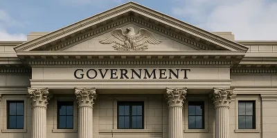 Government Industry Icon Tier2Tek Staffing - Image of a grand neoclassical government building with tall Corinthian columns and an engraved 'GOVERNMENT' sign above the entrance, symbolizing public sector services.