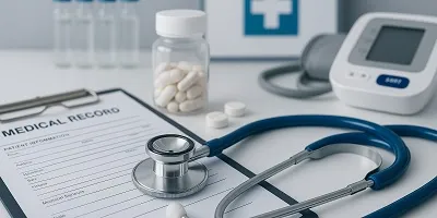 Healthcare & Medical Industry Icon "Healthcare industry visual for Tier2Tek Staffing, featuring medical supplies like a stethoscope, records, and diagnostic tools on a white surface.