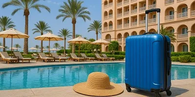 Hospitality & Travel Industry Icon Luxury resort poolside with lounge chairs, umbrellas, a blue suitcase, and sun hat, symbolizing Tier2Tek Staffing's focus on Hospitality & Travel industries.