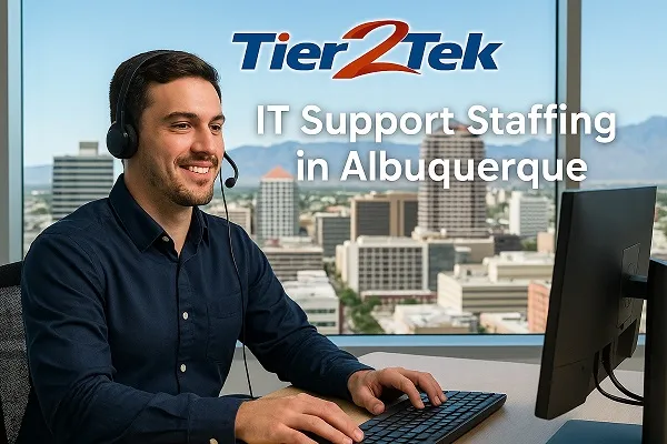 IT support technician at desk with Albuquerque cityscape in background, representing Tier2Tek Staffing’s services.