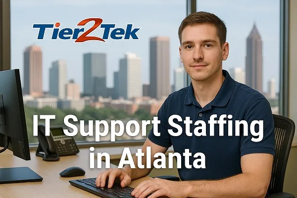 IT support technician working at a desk with the Atlanta skyline in the background