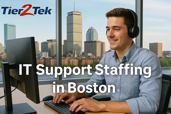 IT support professional at desk with Boston skyline in background, representing IT staffing by Tier2Tek Staffing.