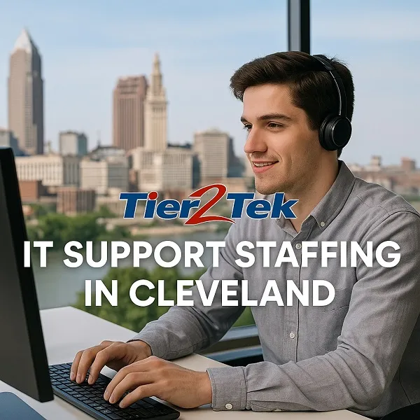 IT support professional working at a computer with Cleveland skyline in the background, representing Tier2Tek Staffing's services