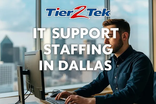 Professional working at computer with Dallas skyline in background, representing IT support staffing by Tier2Tek Staffing.
