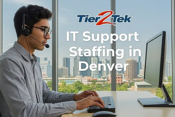 Young IT support professional at a desk with Denver skyline through office windows, representing Tier2Tek Staffing’s focus on connecting top IT talent with local businesses.