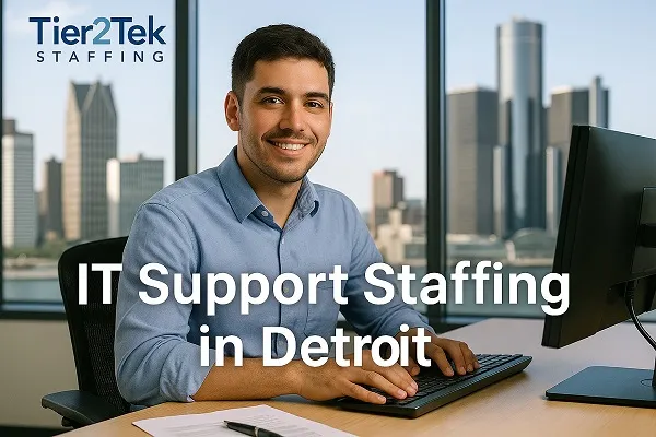 Professional IT support employee working in a Detroit office with skyline view
