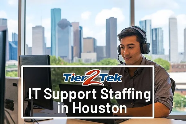 Young IT support professional working at a help desk with Houston skyline in the background, representing Tier2Tek Staffing's IT support staffing services.