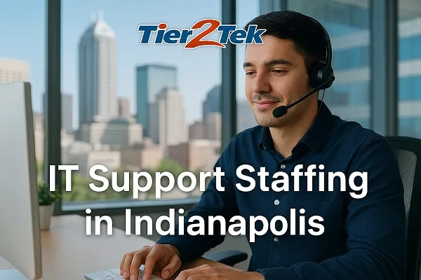 IT support professional at a desk with the Indianapolis skyline in the background, representing IT Support Staffing services by Tier2Tek Staffing.