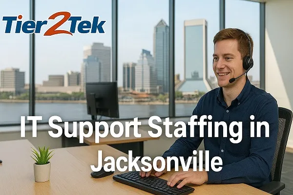 IT support professional at desk with Jacksonville skyline in background – Tier2Tek Staffing