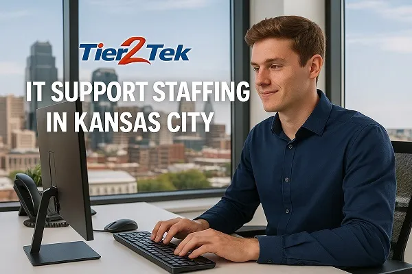 IT support professional working at a computer with Kansas City skyline in the background, representing Tier2Tek Staffing services.